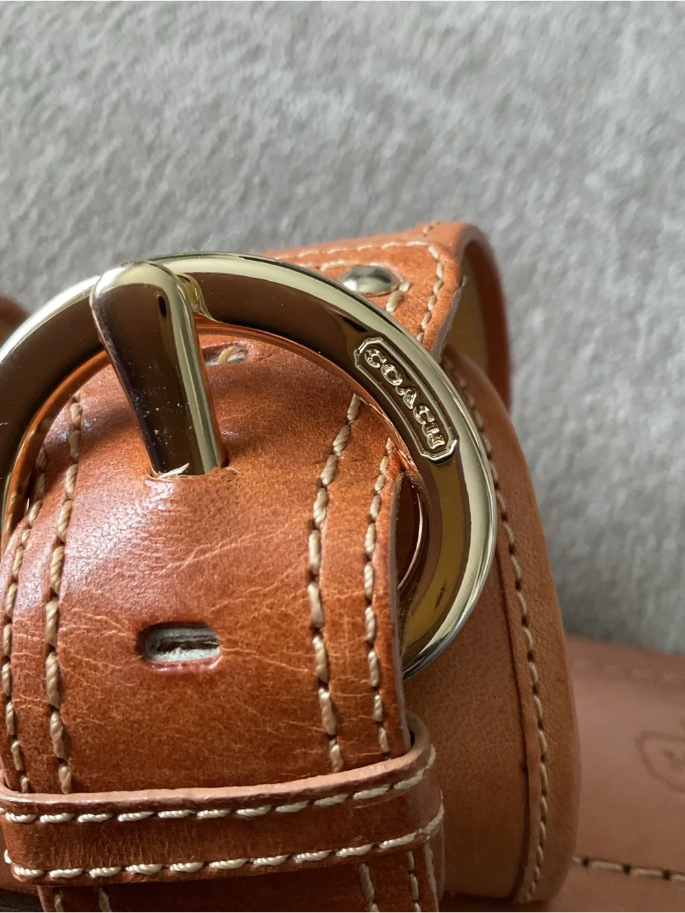 Coach Tan Leather Double-Strap Slide Sandals with Gold Buckle